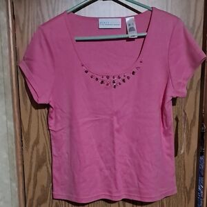 Liz Claiborne Bright Pink Short-Sleeve Scoop Neck Top with Neckline Gems